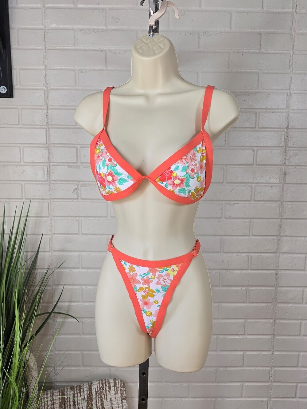 Tinibikini Neon Coral Floral Bikini Set Size Large
